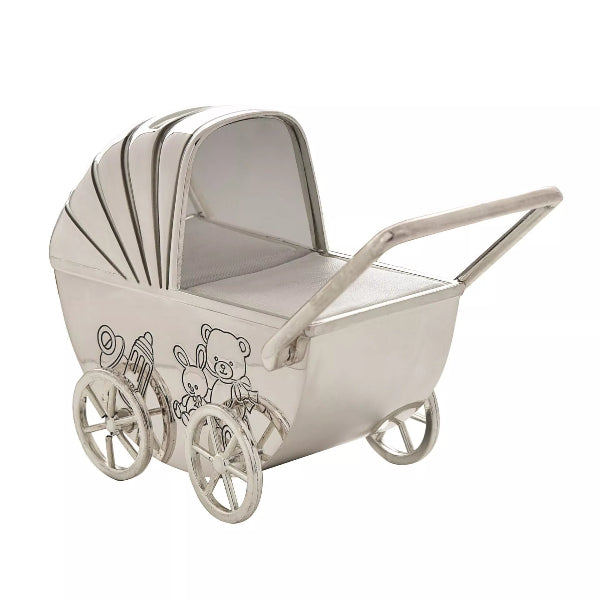 Silver baby carriage with teddy bear and rabbit design on a white background