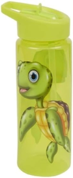Green water bottle with a turtle design on a white background