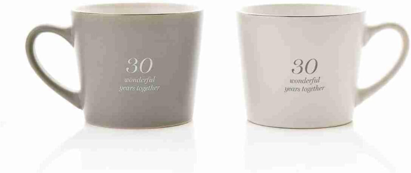 Two gray mugs with '30 wonderful years together' text on a white background