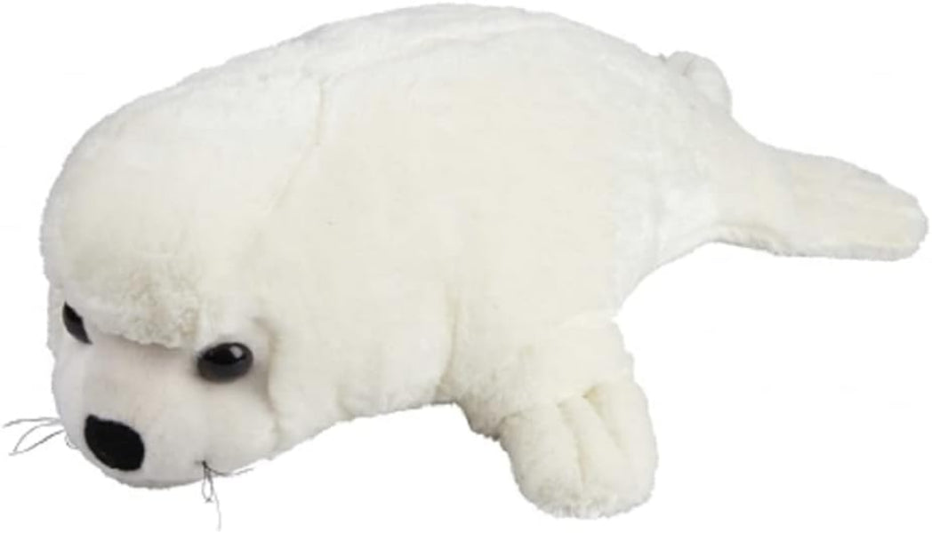 A white plush seal toy with black eyes, a black nose, and white whiskers, shown against a plain white background.