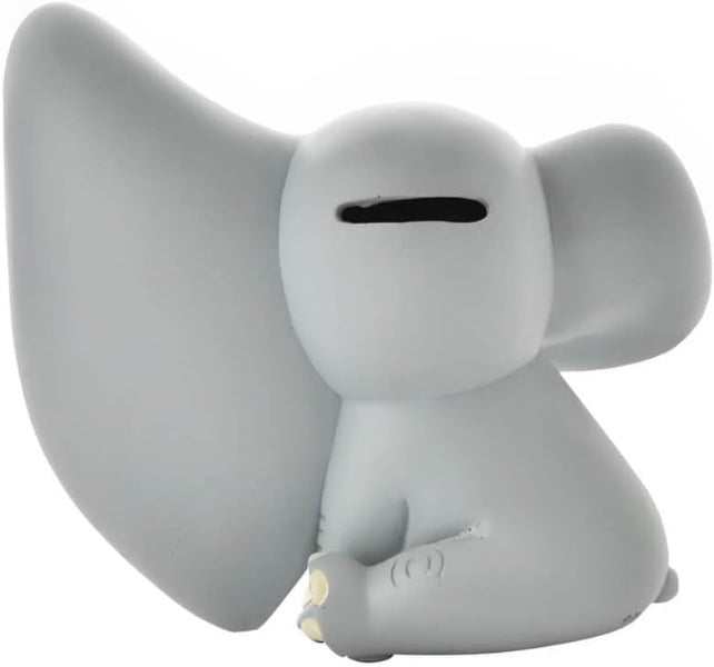 Gray elephant-shaped money box on a white background