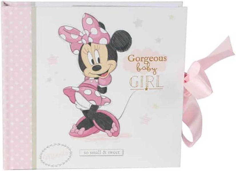Baby shower card with Minnie Mouse design and text 'Gorgeous baby girl', featuring a pink ribbon.