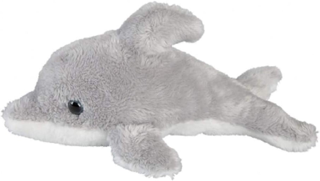 A plush stuffed dolphin toy in light gray and white, shown against a plain white background.