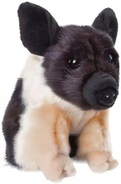 Plush toy of a pig with black, white, and brown fur on a white background