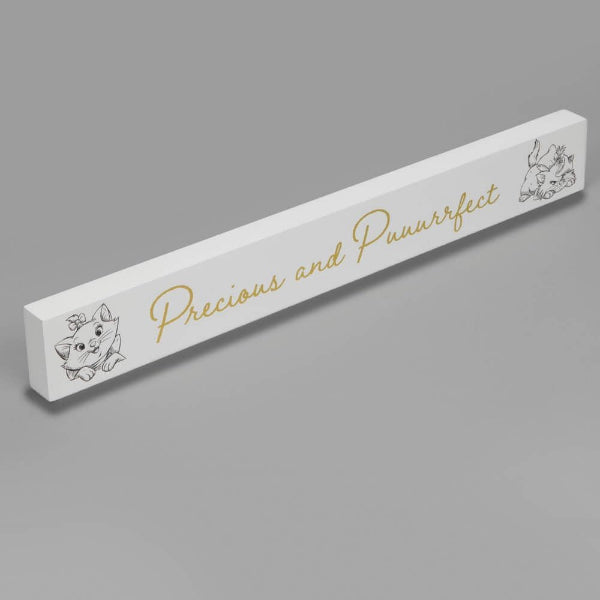 White rectangular slab with 'Precious and Pゥuurfect' text and cat illustrations on a gray background