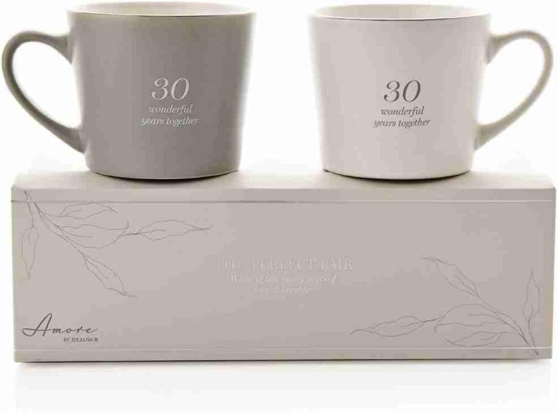 Two gray mugs with '30 wonderful years together' text on a matching box, featuring the brand 'Amore'.