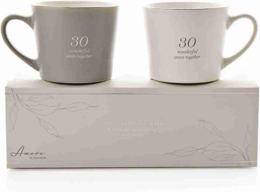 Two gray mugs with '30 wonderful years together' text on a matching box, featuring the brand 'Amore'.
