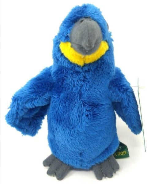 Blue plush toy with a yellow beak on a white background