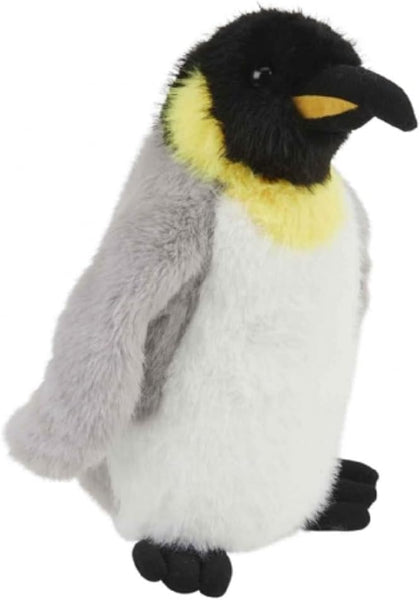 Plush penguin toy with black, yellow, and gray colors on a white background