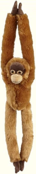 A plush toy orangutan with long brown arms and legs, a dark brown face, and a beige muzzle, shown against a plain white background.