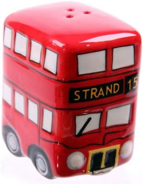 Red double-decker bus-shaped salt and pepper shaker on a white background