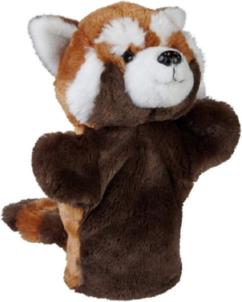 Plush toy hand puppet of a red panda on a white background