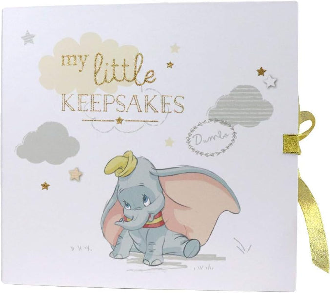 Children's memory book with Dumbo illustration and 'my little keepsakes' text on a white background