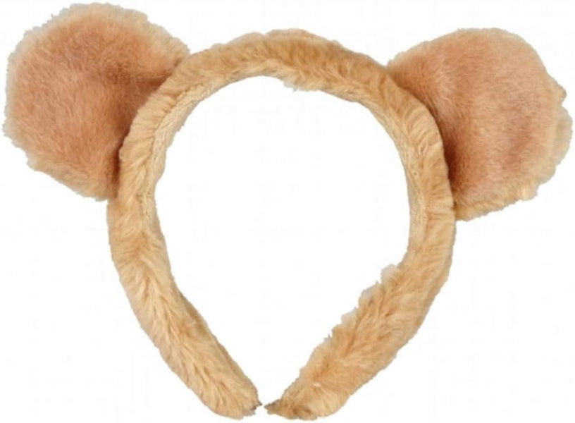 A plush faux fur headband with two round, soft ears in a light tan color, shown against a plain white background.