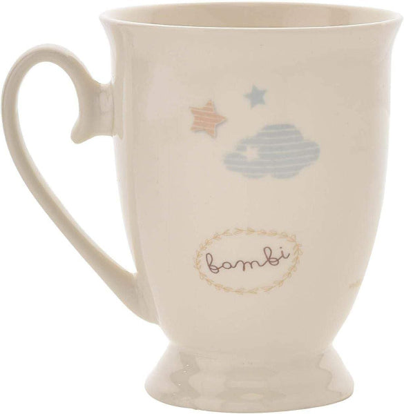 Beige mug with cloud and star designs and 'bambi' text on a white background