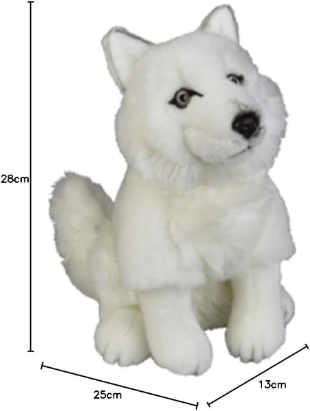 White plush wolf toy with measurements on a white background