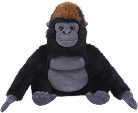Plush toy gorilla with a brown hat on a white background