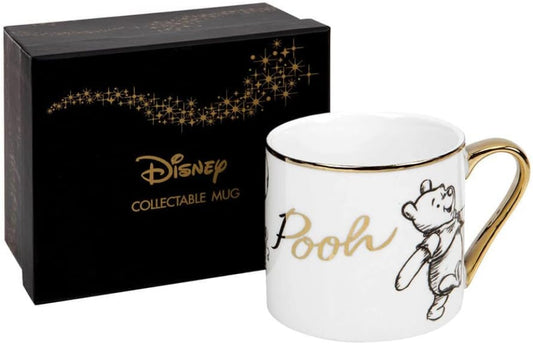 Disney collectible mug with 'Pooh' design and gold accents, featuring a matching box.