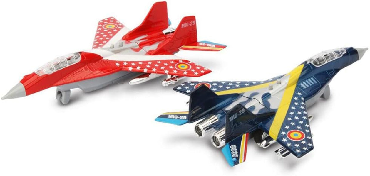 Two toy airplanes, one red and gray, the other blue and yellow, on a white background.