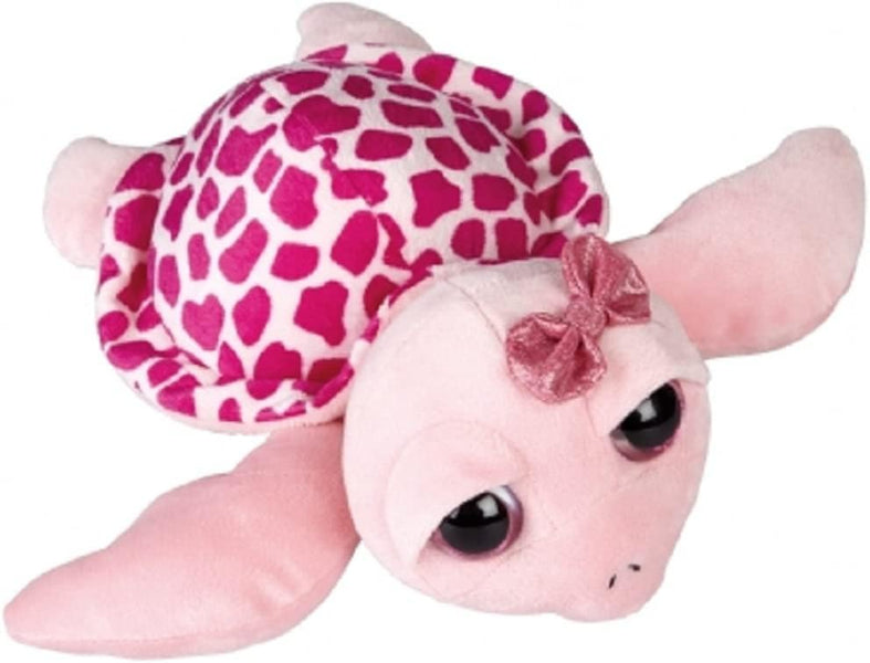 A pink plush sea turtle toy with a pink and white heart-patterned shell, a pink bow on its head, and large glossy black eyes, isolated on a white background.