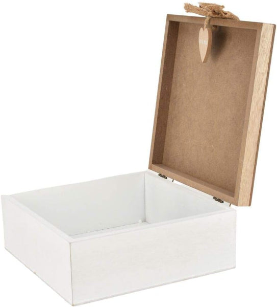 White box with a wooden lid and heart-shaped tag on a white background