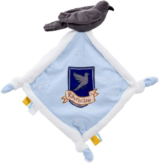 Baby comfort blanket with Ravenclaw emblem and bird design on a light blue background