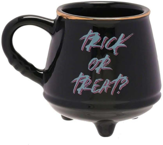 Black mug with 'Trick or Treat?' text on a white background