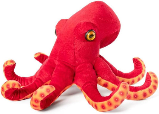 Red plush octopus toy on a white background