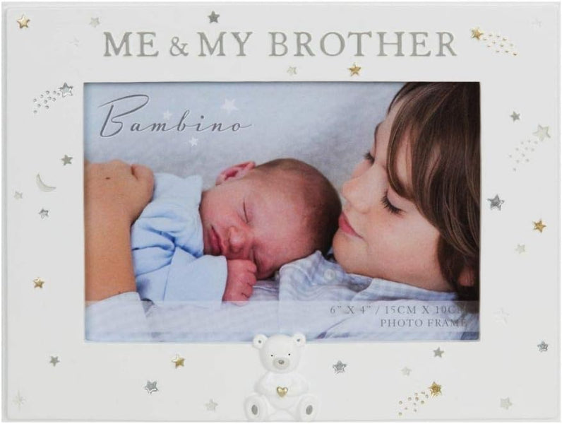 Photo frame with 'Me & My Brother' text, showing a child holding a baby, with decorative elements.