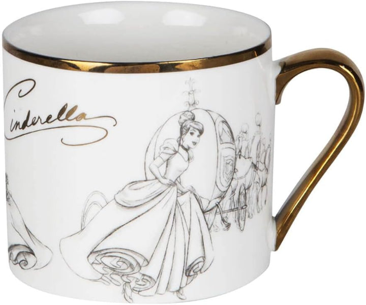 Cinderella mug with gold accents and black and white illustration of Cinderella and her carriage.