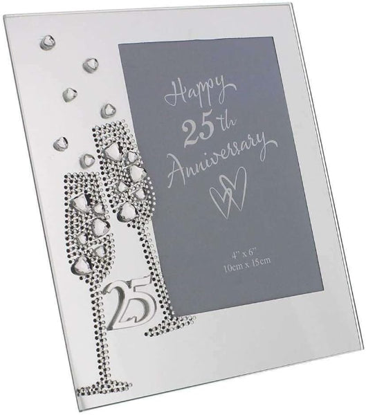 Diamante Champagne Glasses Silver 25th Wedding Anniversary Glass Photo Frame 7.5" x 6.5"