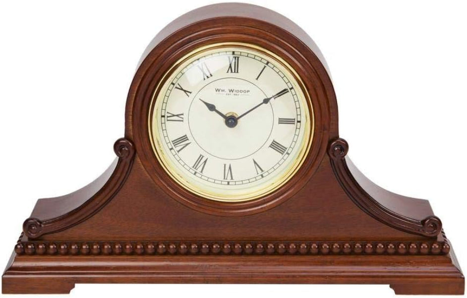 Wooden clock with white face and black hands on a white background