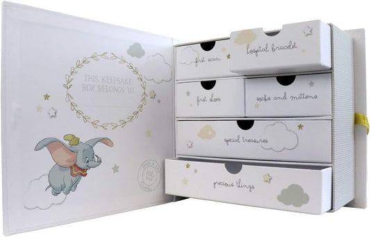 Children's keepsake box with Dumbo illustration and drawers labeled with baby items.
