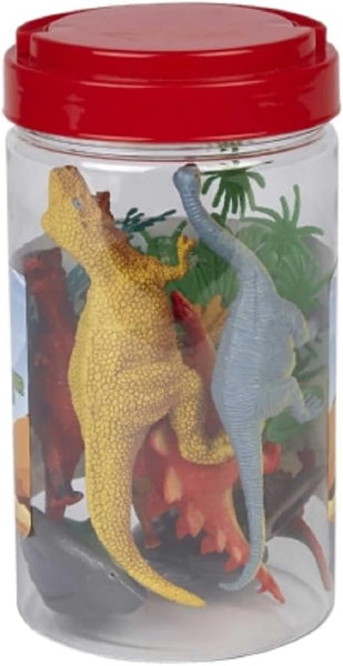 Jar with red lid containing toy dinosaurs and green leaves