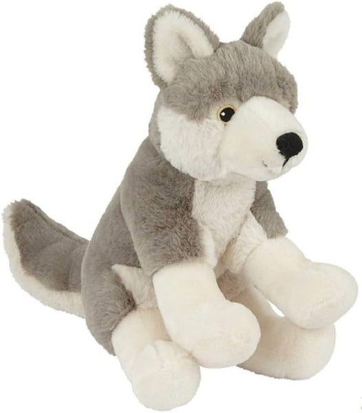 A plush stuffed animal shaped like a gray and white husky or wolf, posed sitting against a plain white background.
