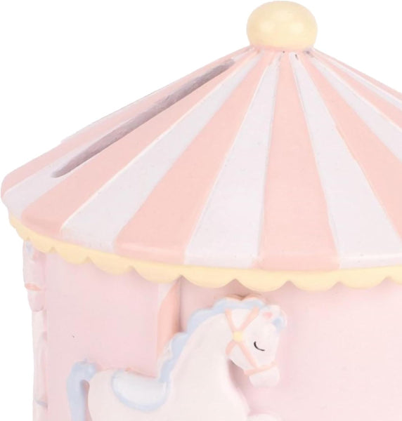 Pink and white striped tent with a unicorn design on a white background