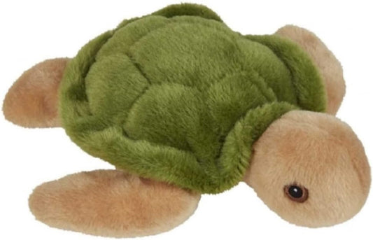 Plush turtle toy with green shell and brown body on a white background