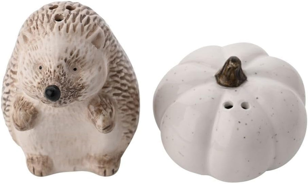 Hedgehog and pumpkin-shaped salt and pepper shakers on a white background
