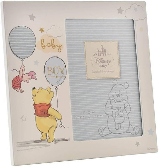 Baby photo frame with Winnie the Pooh design, featuring balloons and text.