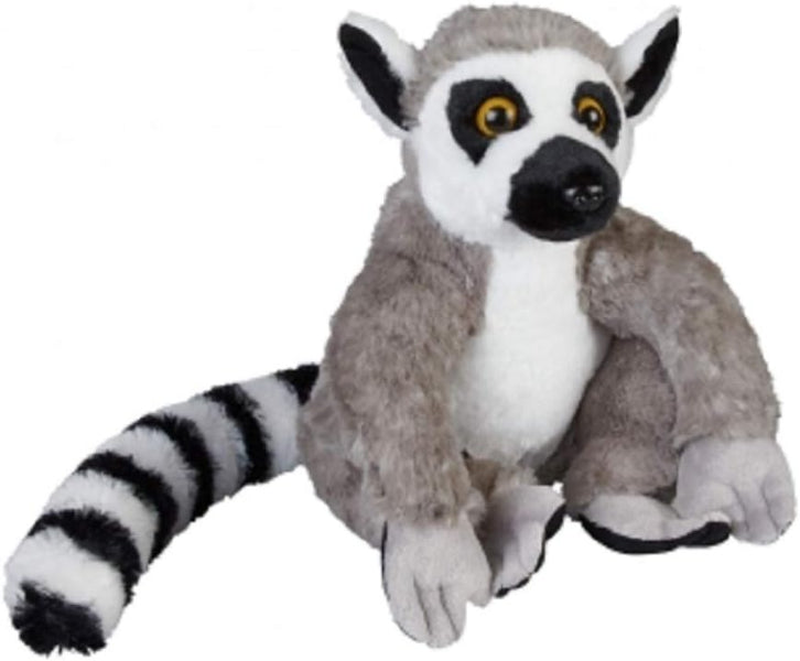 Plush toy lemur with black and white striped tail on a white background