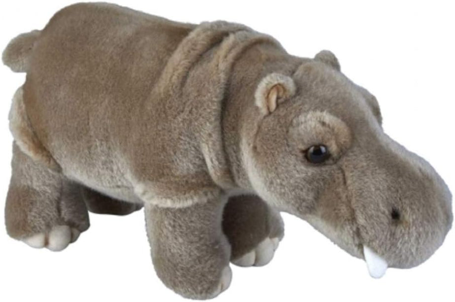 A plush toy hippopotamus in a medium brown color, shown from a side profile against a plain white background.