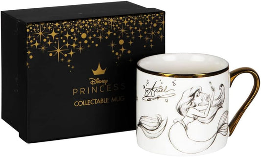 Disney Princess collectible mug with black and gold design in front of a matching box.