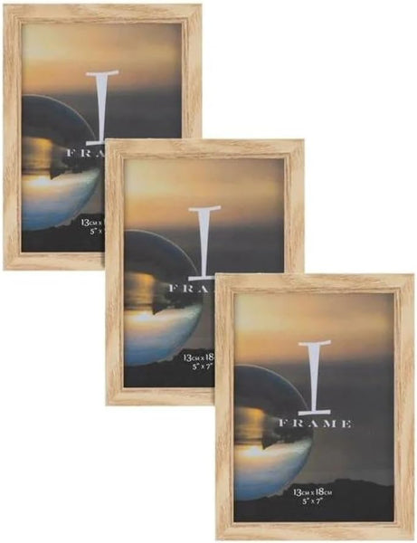 Set of three wooden picture frames with different sizes on a white background