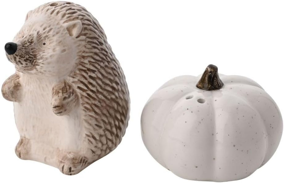 Hedgehog and pumpkin decorative items on a white background
