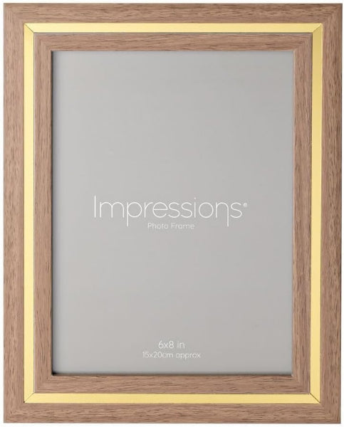 Wooden photo frame with gold accents and 'Impressions' branding on a gray background