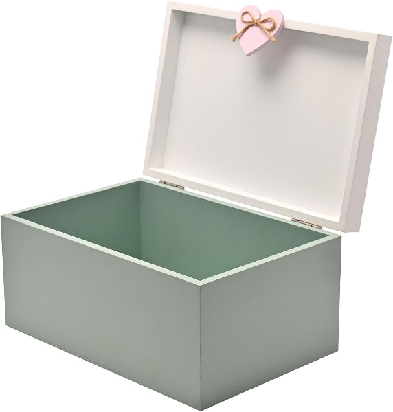 Green storage box with a pink bow on a white background
