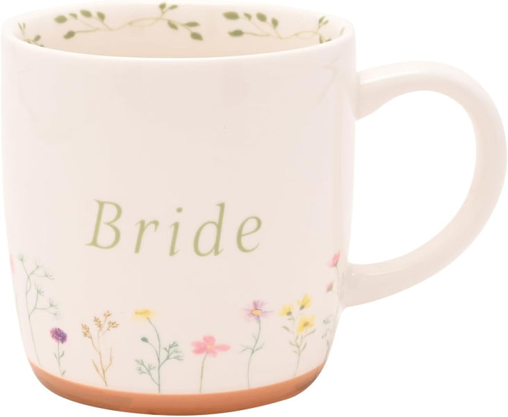 Mug with 'Bride' text and floral design on a white background