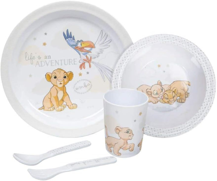 Children's dinnerware set with Lion King design on a white background