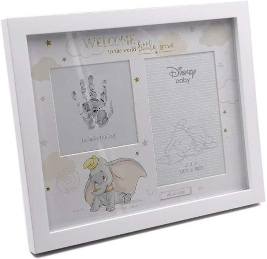 Baby photo frame with handprint section and Dumbo illustration, featuring Disney branding.