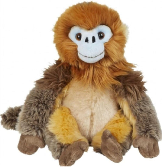 Plush monkey toy with brown and orange fur on a white background
